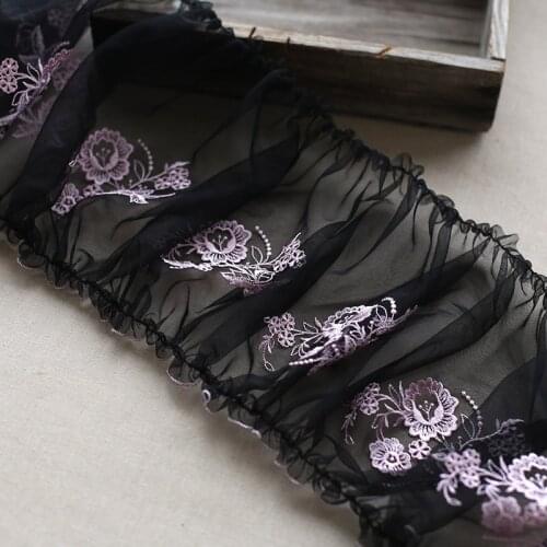 5Meters Embroidered Lace Fabric Black Mesh Flowers Sewing DIY Trim Ruffle Applique Elastic Ribbon Collar Decor 23cm Width