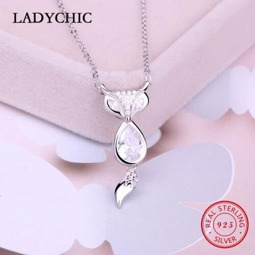 LADYCHIC Fashion 925 Sterling Silver Cute Fox Pendant Necklaces Inlaid 2ct Water Drop Cubic Zirconia Women Charm Jewelry LNS1019