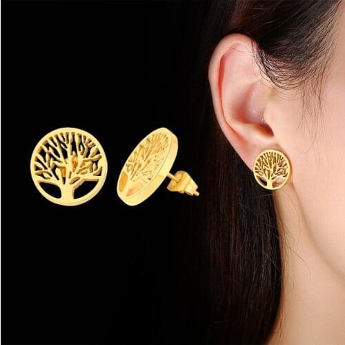 Vnox Round Stud Earrings for Women Stainless Steel Tree of Life Jewelry Anti Allergy Accessory