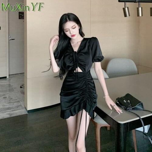 Summer Dress Womens High Waist V-Neck Pleated Short-Sleeved Black Bodycon Dresses 2021 Retro Sexy Bag Hip Lotus Leaf Midi Skirt