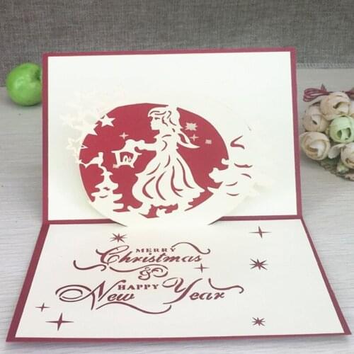 1pcs Christmas Girl 3D Laser Cut Pop Up Paper Handmade Postcard Custom Xmas Greeting Cards With Envelope Gifts For Lover