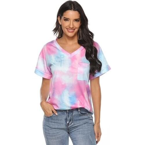 2021 Summer Tie-dye V-neck Short Sleeve T Shirt Womens Plus Size Fashions Casual Ladies Tops Women Streetwear Tee Shirt Femme