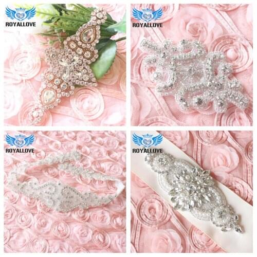 4pieces) Rhinestone Applique crystal bridal Sash applique pearl beaded Bridal Applique DIY accessories wedding lace garters