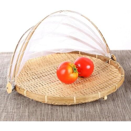Bamboo Tent Basket Hand Woven Tray Anti Bug Food Fruit Container Net Mesh Cover Picnic Barbecue Party Anti Mosquito Net Tent