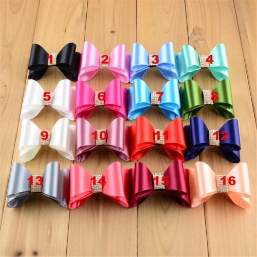 3.2'' Gorgeous Stiff Satin Hair Bows With Rhinestone Center-16colors satin fabric bows