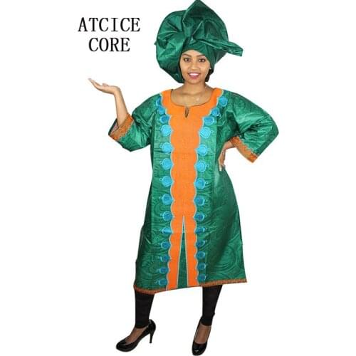 Free shipping new african bazin embroidery design dresses short dress with scarf
