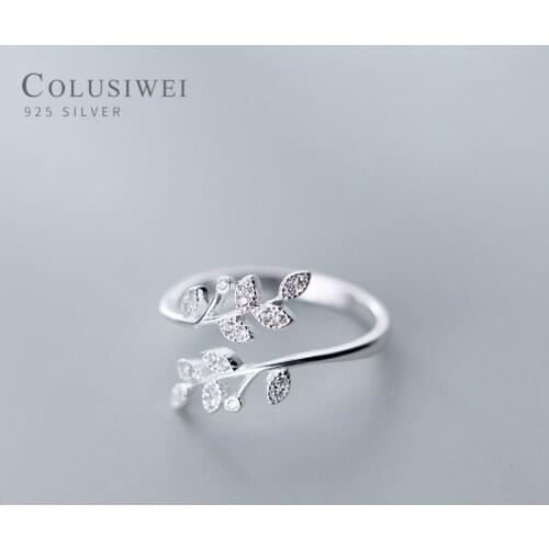 COLUSIWEI Authentic 925 Serling Silver Tree Leaves Ring for Women Fashion Shiny Clear CZ Adjustable Finger Rings Fine Jewelry