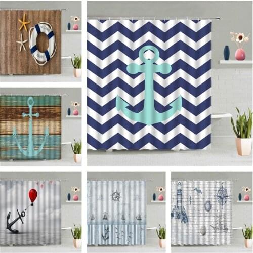 Board Wooden Door Anchor Shower Curtain Retro Rudder Ship Swim Ring Life Buoy Hot Air Balloon Sky Starfish Stripe Bath Screen