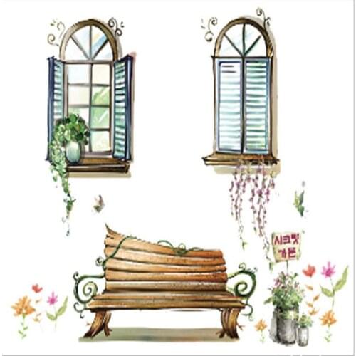 Fake Windows Bench Potted Plant Wall Sticker Living Room Office Wall Decal Home Decor Wallpaper Poster Wall Decoration Appliques