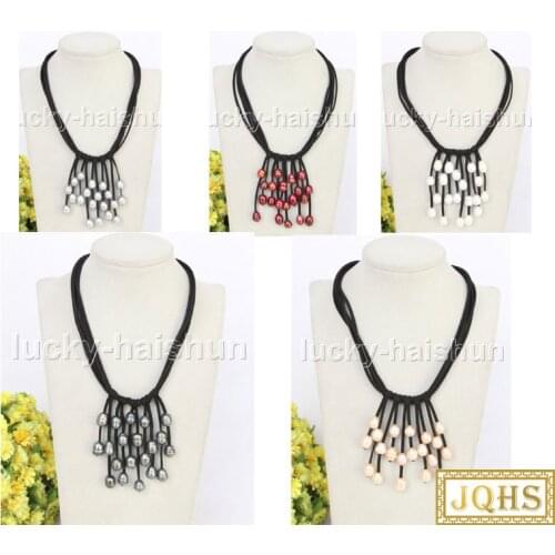 JQHS 16" 5row 13mm rice Baroque pink white black purple wine red pearl beads Black leather necklace j11218-3