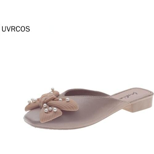 Square Head Bow Ladies Half Slippers Female Forest Retro Pearl Spring and Summer New All-match Fashion Muller Womens Shoes