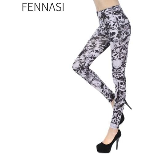 FENNASI Attoo Leggings Fashion Printed Cropped Milk Shreds Trousers Black White Skull Leggings Skull Tights