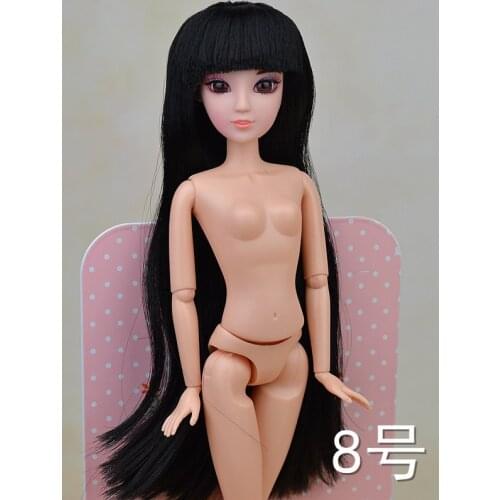 Nude Naked doll with 3D Real Eyes Baby Toy / 12 Joint Movable /long BLack Hair Bangs Cosplay For Barbie Doll Toys Girls Gift