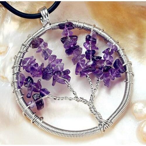 Trendy-beads Ethnic Silver Plated Wire Wrap Tree of Life Natural Purple Amethysts Stone Pendant Plant Jewelry