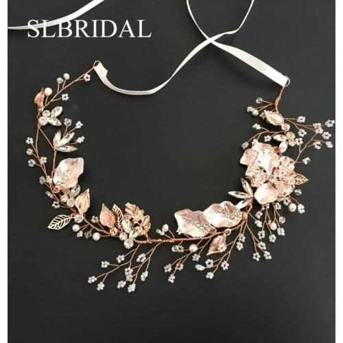 SLBRIDAL Rose Gold Crystal Rhinestone Natural Pearls Wedding Hair accessories Hairband Bridal Headband Bridesmaids Jewelry Women