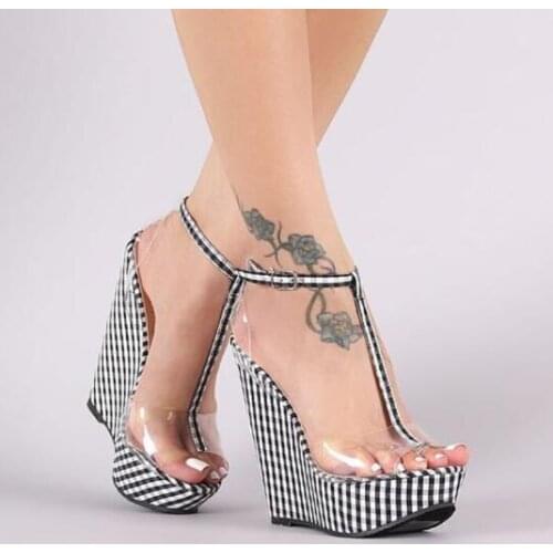Fashion Gingham Thick Bottoms Wedge Sandals Femme Ankle Buckle Strap Platform High Heels PVC Transparent Women Shoes