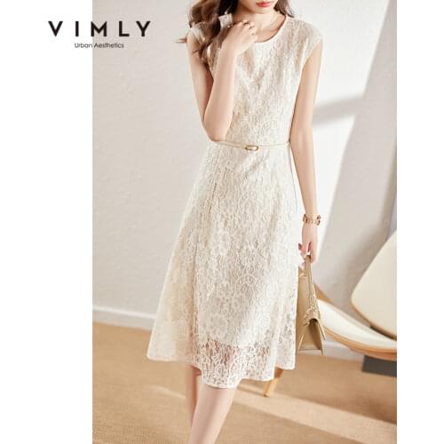 VIMLY Sundress For Women Elegant Lace Dress Office Lady Oneck Sleeveless Apricot Dresses Sashes High Waist Maxi Dresses F7868