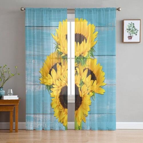 Flower Sunflower Blue Wood Grain Voile Tulle Sheer Curtains for Bedroom Living Room Kitchen Decor Chiffon Windows Curtain