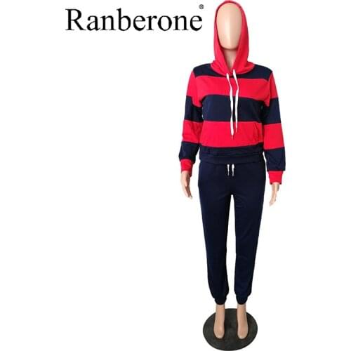 Sport Suit Women Hoodie Stripe Patchwork Hooded Sweatshirt And Pants Suit Spring And Autumn 2 Piece Set Sportswear Outcity 2020