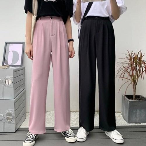 Loose Steetwear Wide-legged Pants Women Chiffon Straight Trousers Pink Black Plus Size Elastic High Waist Pants Female