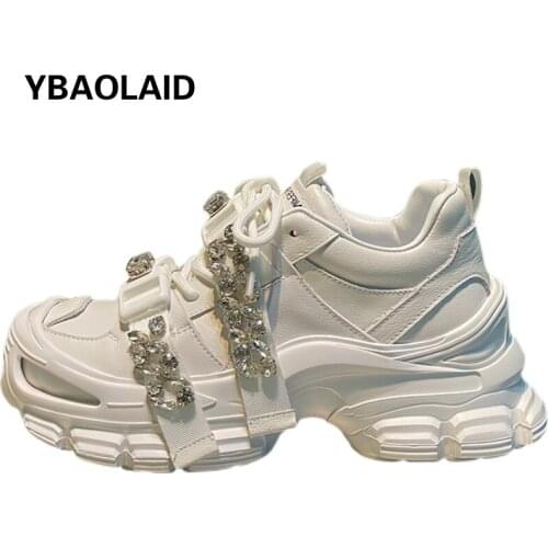 Round-toe Lace-up Rhinestone Sponge Cake Thick-soled Old Casual Shoes Solid Color Waterproof Platform Heightening White Shoes
