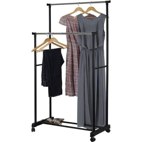 1 Set Retractable Drying Rack Double Rod Hanger Support Simple Stretching Clothes Movable Assembled Coat Drying Rack HWC