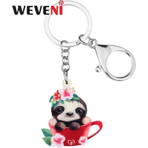 WEVENI Acrylic Flower Cup Sloth Key Chains Animal Key Rings For Women Girls Teen Men Bag Car Purse Decoration Gift Hot Sale Bulk