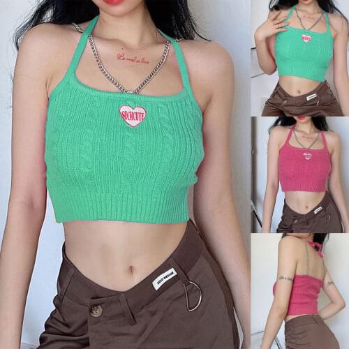 2021 Women Letter Embroidery Halter Vest, Sleeveless Backless Cropped Tops with Metal Chain