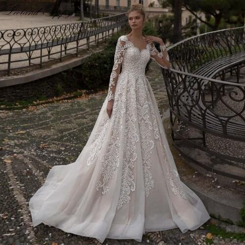 Lceland Poppy Elegant A-line Lace Appliques Wedding Dresses 2021 Full Sleeves Floor Length Vestido de Novia Bridal Gowns