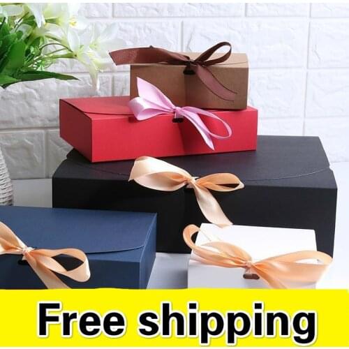 10pcs/lot 31x25x8cm Rectangle Literature Fresh DIY Gift Box Genuine Square Kraft Paper Red Blue Packing Boxes With Ribbons