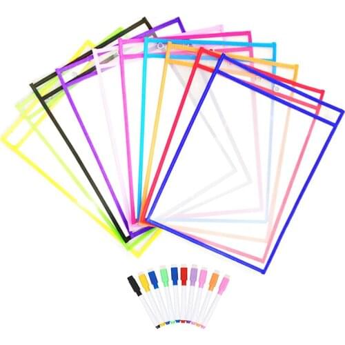 Multicolored Dry Erase Pockets Reusable Sleeve 10 Pack Sheet Protector File/Ticket Holder Classroom Organization Teaching Supply