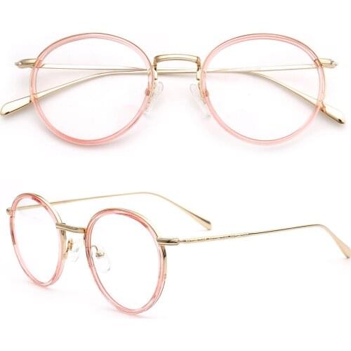 Women Round Retro Fashion Eyeglass Frames Men Metal Acetate Vintage Glasses Frames Light Pink Grey Blue Spectacles Rx Eyeglasses