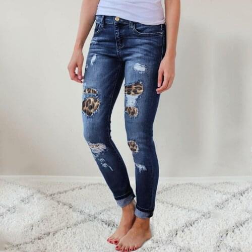 Womens Sexy Leopard Ripped Jeans Package Fashion Hole Patchwork Jeans Casual Skinny Slim Baggy Trousers Streetwear Штани #T2Q