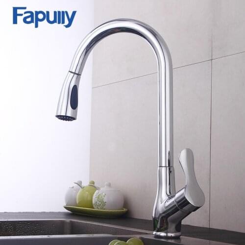 Fapully Kitchen Faucet Pull Out Deck Mounted Mixer Tap Chrome Polished Single Handle Hole Flexible Kitchen Tap 544-33C