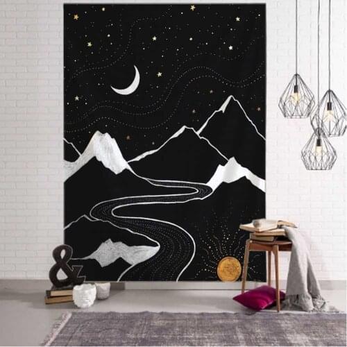 Moon Mountains Illustration Mandala Bohemian Tapestry Art Deco Blanket Curtain Hanging Home Bedroom Living Room Decoration