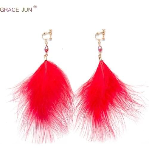 GRACE JUN Hot Sale Large Feather Crystal Clip on Earrings and Long Drop Pierced Earrings Party Wedding Charm Earrings Wholesale