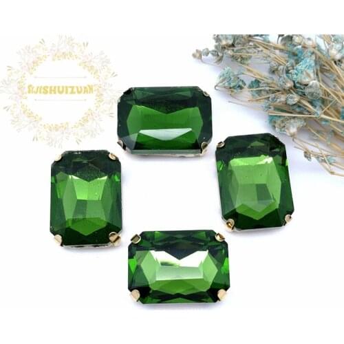 Emerald Rectangular Crystal Glass Sewing Rhinestones with gold Claw Rhinestones for Diy wedding Dress and Bags