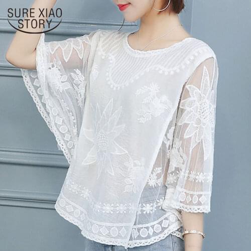 Summer women blouses 2021 Women shirts Batwing sleeve white blouse embroidery Lace blouse shirt womens tops and blouses 4012 50