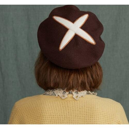 Cute handmade wool felt mushroom painter hat simple college style beret winter knitted women hat
