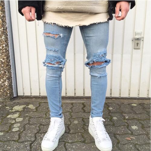 UK Fashion Mens Slim Moto Biker Denim Jeans Skinny Frayed Pants Distressed Rip Trousers Casual Pencil Pants