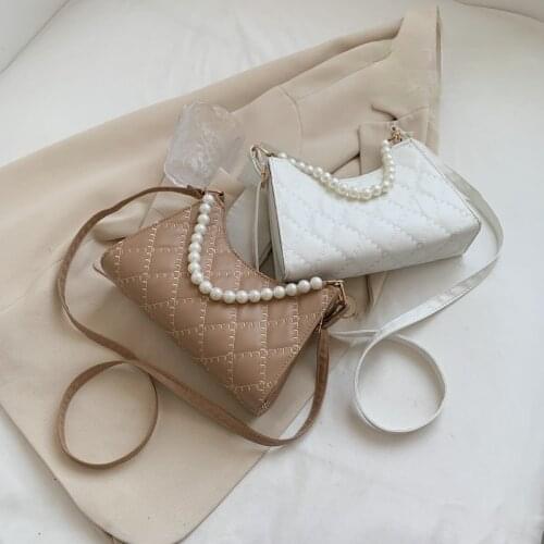 Fashion Women PU Leather Shoulder Messenger Bags Ladies Elegant Pearl Chain Strap Underarm Bags Female Plaid Small Flap Handbags