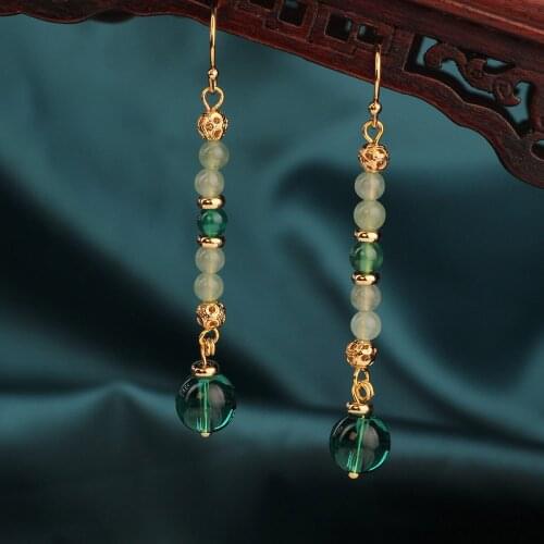 Original Vintage Delicate and Elegant Long Green color tassels earrings Ethnic Dangle Natural stone Female Jewelry for women