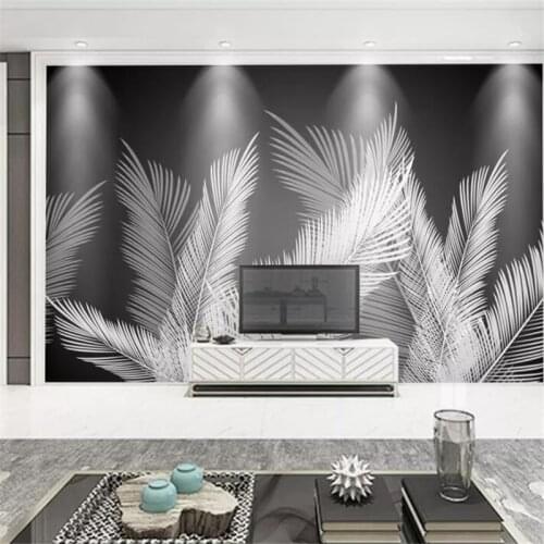 Beibehang Custom wallpaper 3d mural new Chinese inlaid gold foil coconut leaf marble wallpaper simple black white feather mural