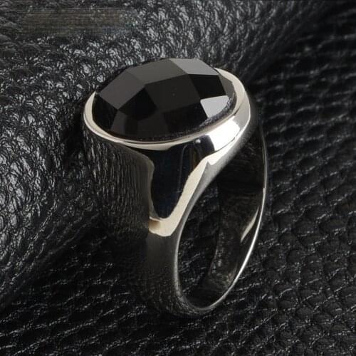 Silver Plated Black Agate Gemstone Ring Classic Men Stainless Steel Ring 2021 Fashion Men Nightclub Party Jewelry Accessories