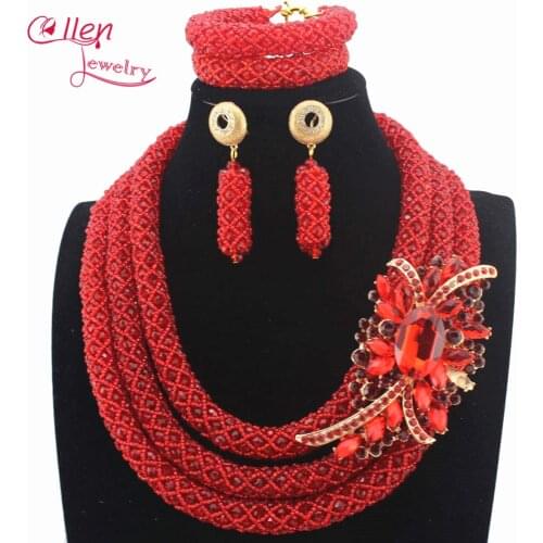 Luxury New Red African Beads jewelry sets Crystal Necklace Set Indian Nigerian Wedding beads Women Jewelry Sets W13678