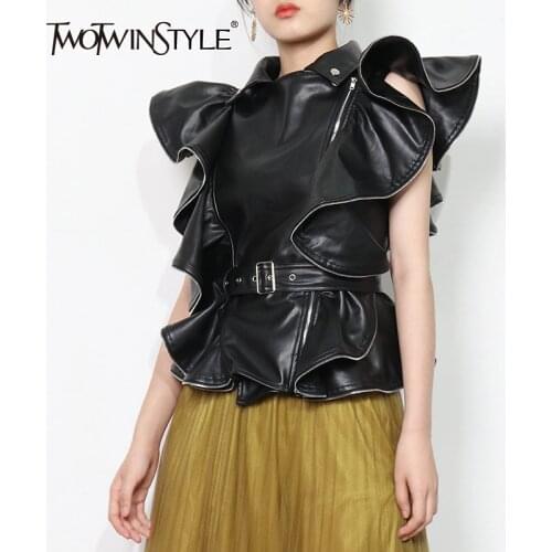 TWOTWINSTYLE Ruffle Trim High Street Shirt For Women Lapel Sleeveless Casual Black PU Leather Shirts Female Fashion New Clothing