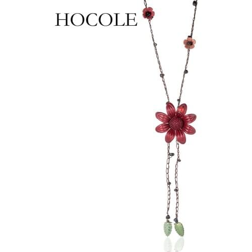 HOCOLE Handmade Beautiful Flower Ladybug Long Necklaces Genuine Leather Natural Stone Chain Necklace For Women Jewelry Collier