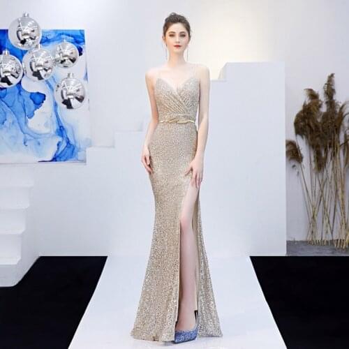 Sequins Spaghetti Strap Evening Dress Empire Deep V-Neck Mermaid Sexy Floor-length Plus size Women Formal Party Dresses C1207