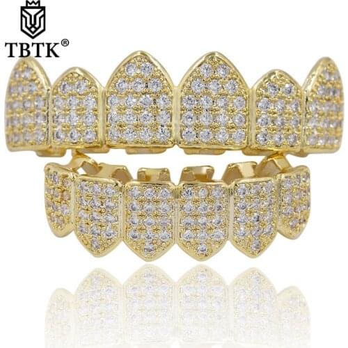TBTK Gold Refined Dental Grills Paved Shining Sparkling Zircon Stone Braces Simple Luxury Style Punk Unisex Body Jewelry