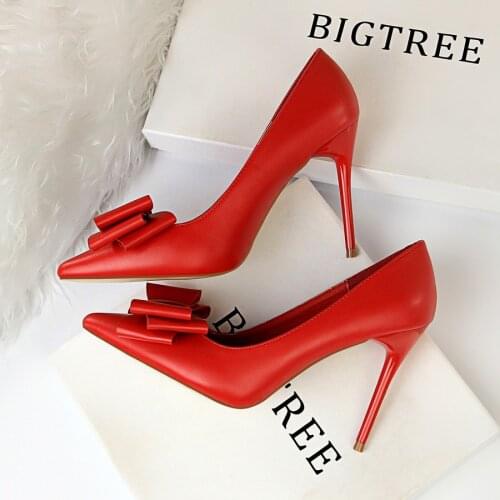 2021 High Heels Women Pumps Brand Women Shoes 10 cm High Heels Sexy Bow Pointed Toe Ladies Dress Shoes